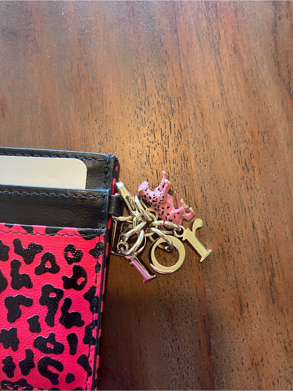 Dior Pink and Black Leopard Card Holder with Gold-Tone Key Charms - Picture 6 of 9